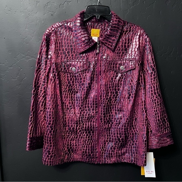 NWT Ruby Rd Woman Sz 20 W Full Zip Maroon Black Gator Jacket 3/4 Sleeve Collared - Picture 1 of 10